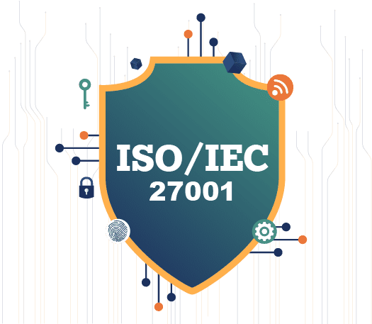 Risk Associates graphic highlighting ISO/IEC 27001 and information security management. Features a shield with "ISO/IEC 27001," surrounded by technology icons including a key, lock, fingerprint, gear, and RSS symbol, representing data protection and cybersecurity.
