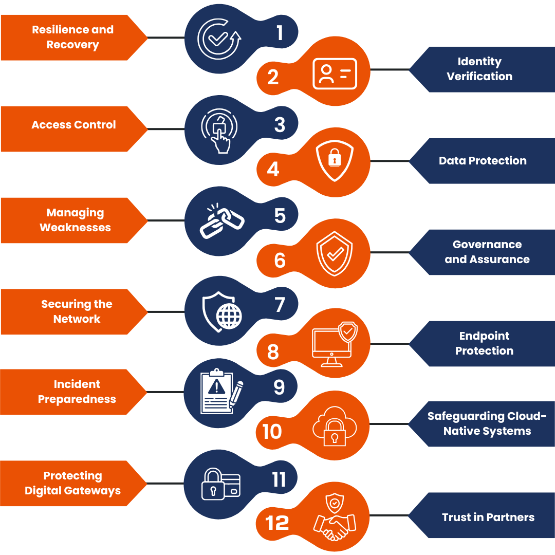 Resilience and RecoveryIdentity VerificationAccess ControlData ProtectionManaging WeaknessesGovernance and AssuranceSecuring the NetworkEndpoint ProtectionIncident PreparednessSafeguarding Cloud-Native SystemsProtecting Digital GatewaysTrust in Partners